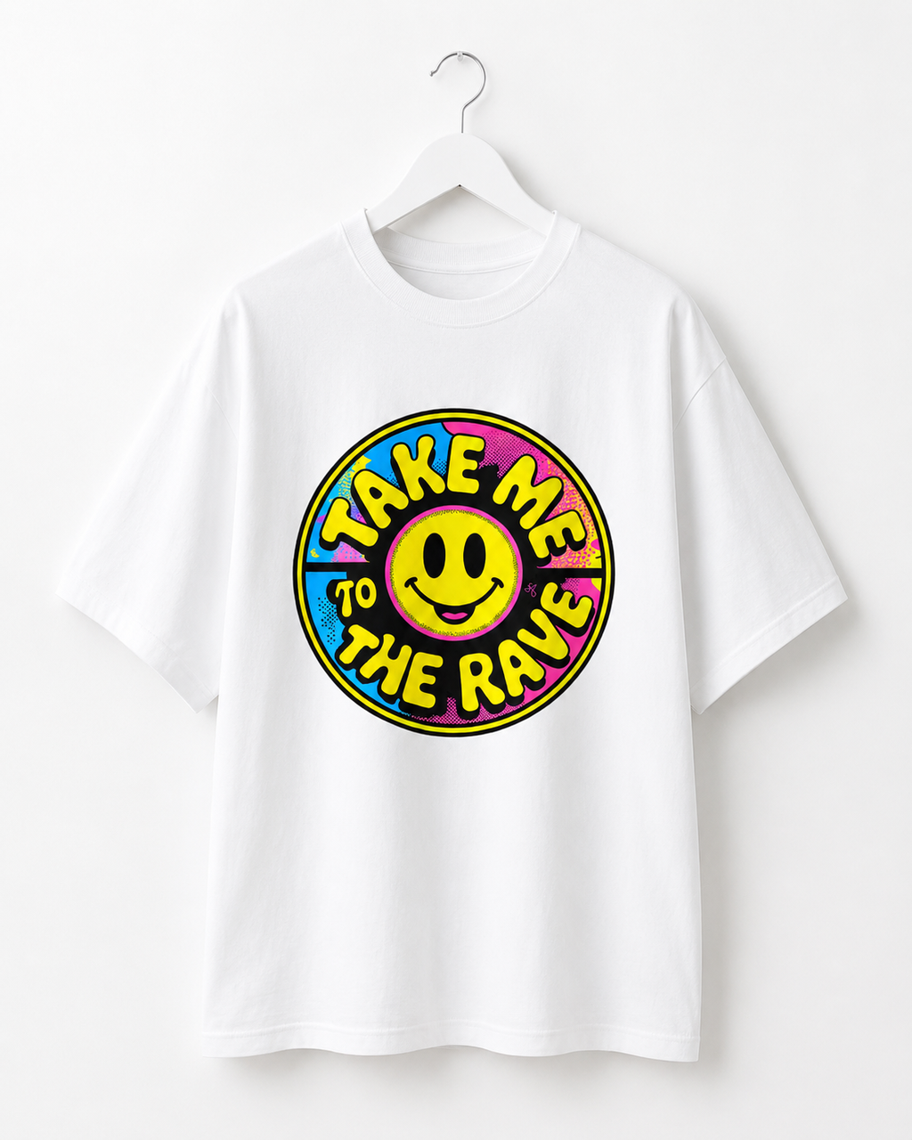 90s Rave Inspired Graphic T Shirt White - Take Me To The Rave (OVERSIZED FRONT LOGO)