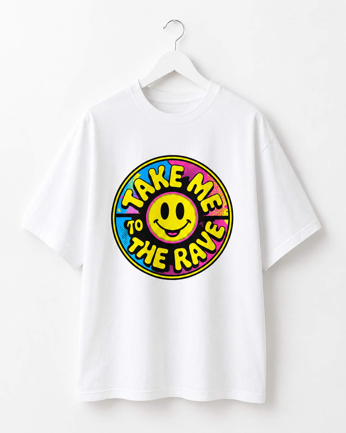 90s Rave Inspired Graphic T Shirt White - Take Me To The Rave (OVERSIZED FRONT LOGO)