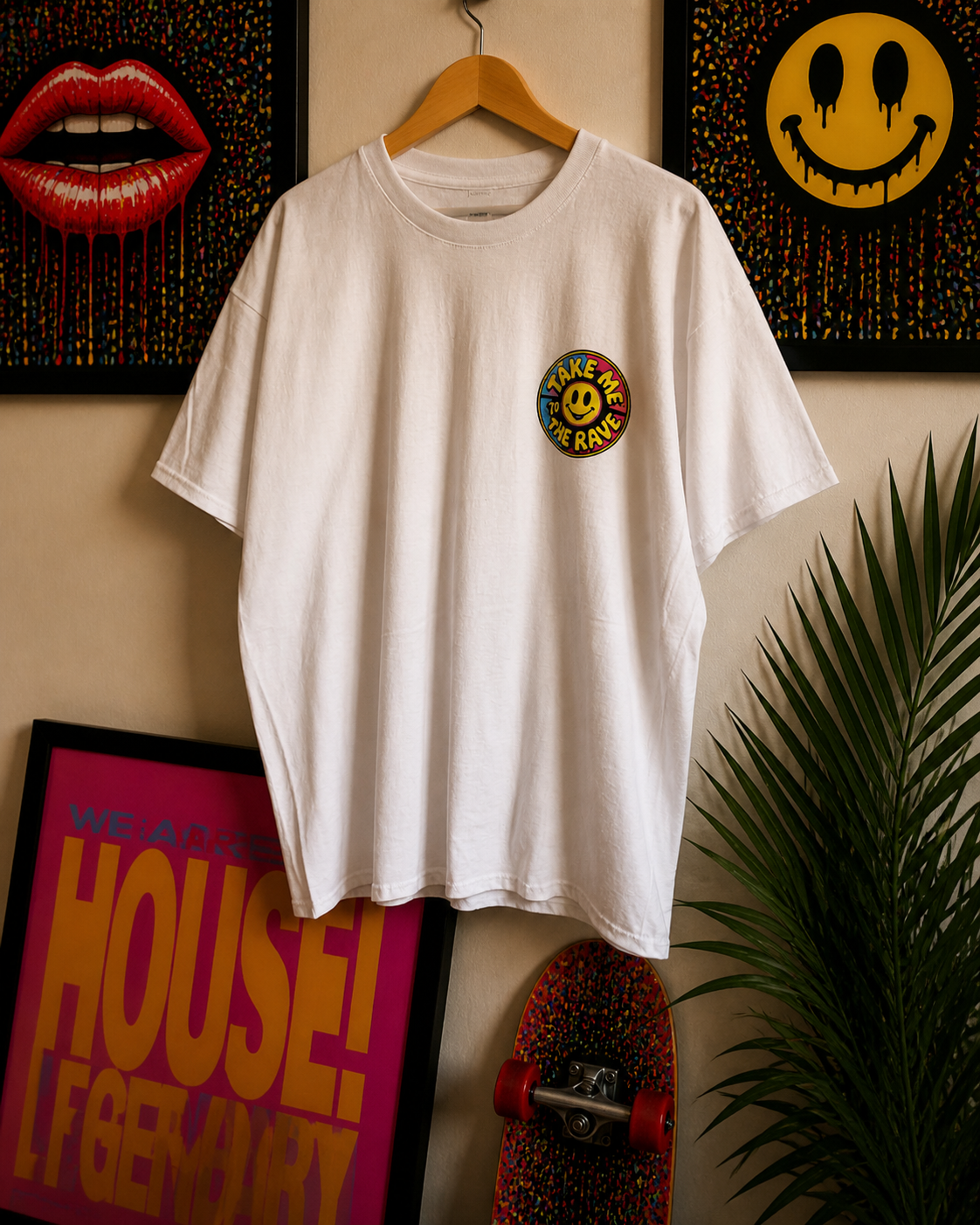 90s Rave Inspired Graphic T Shirt White - Take Me To The Rave (OVERSIZED BACK LOGO)
