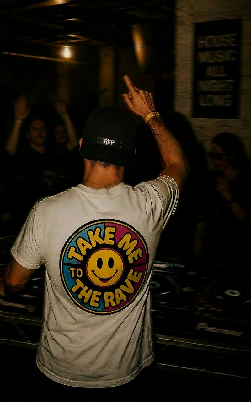 90s Rave Inspired Graphic T Shirt White - Take Me To The Rave (OVERSIZED BACK LOGO)