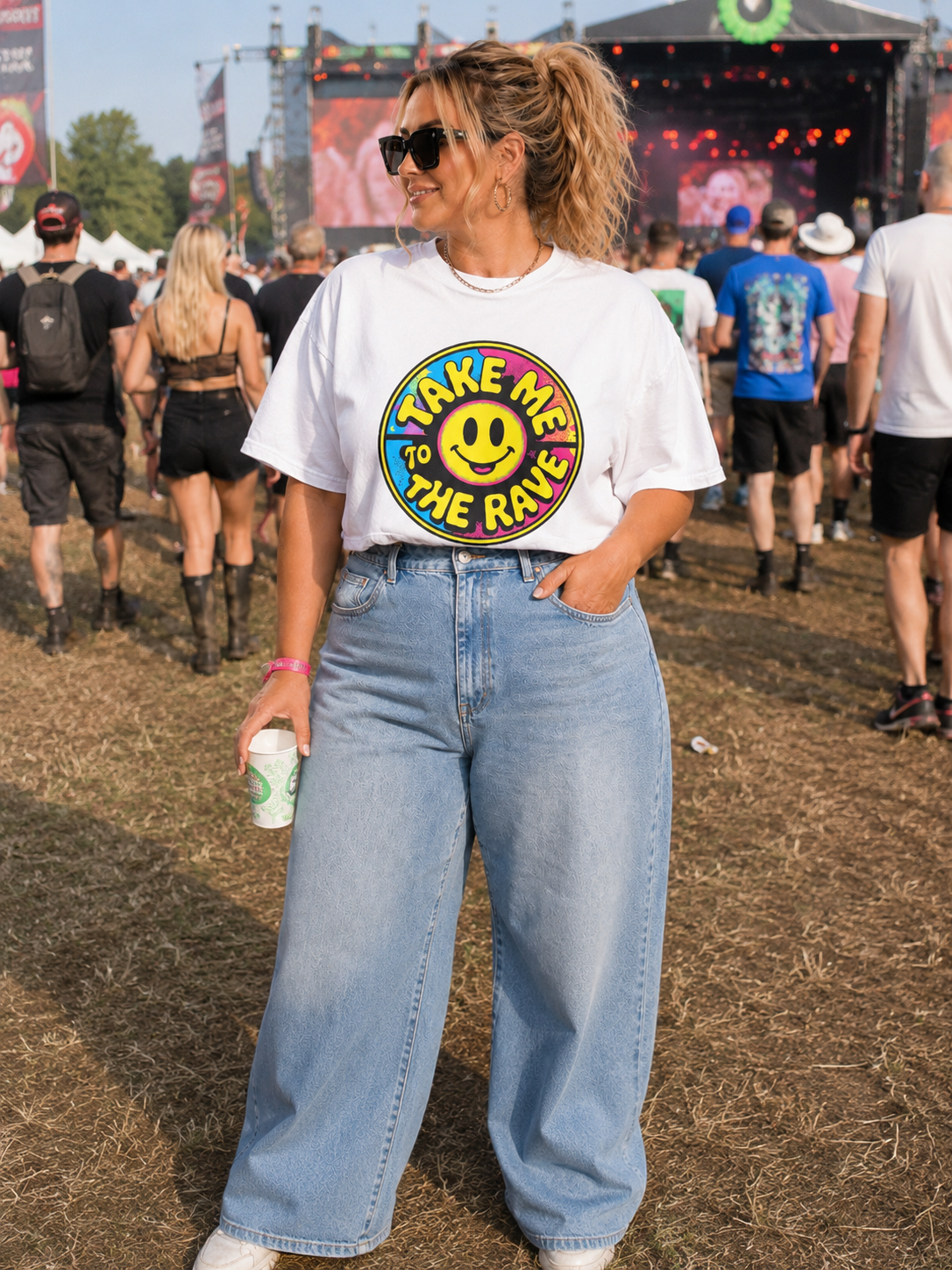 90s Rave Inspired Graphic T Shirt White - Take Me To The Rave (OVERSIZED FRONT LOGO)