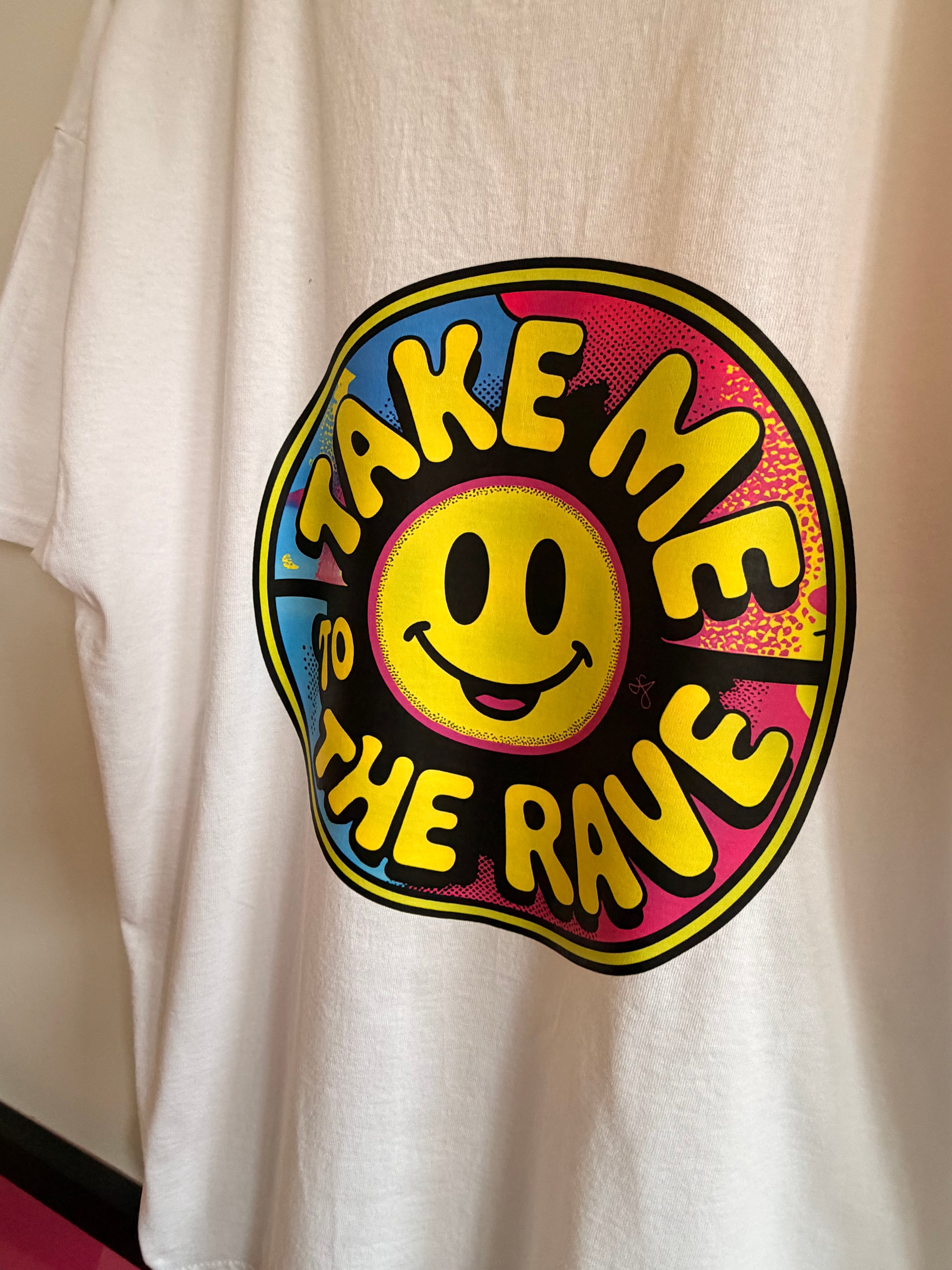 90s Rave Inspired Graphic T Shirt White - Take Me To The Rave (OVERSIZED BACK LOGO)