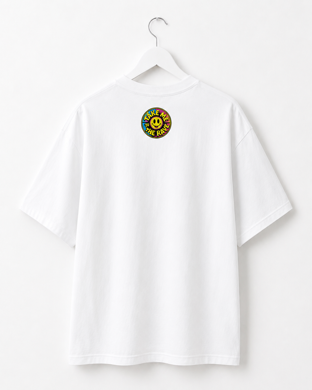 90s Rave Inspired Graphic T Shirt White - Take Me To The Rave (OVERSIZED FRONT LOGO)