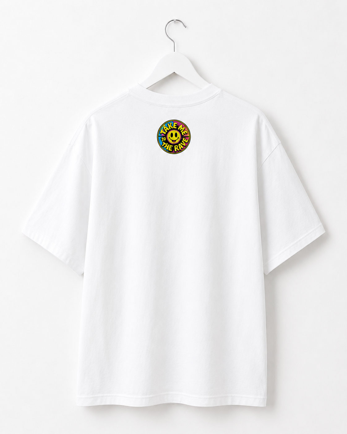 90s Rave Inspired Graphic T Shirt White - Take Me To The Rave (OVERSIZED FRONT LOGO)
