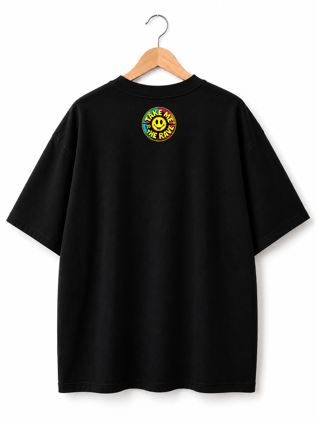 90s Rave Inspired Graphic T Shirt Black - Take Me To The Rave (OVERSIZED FRONT LOGO)