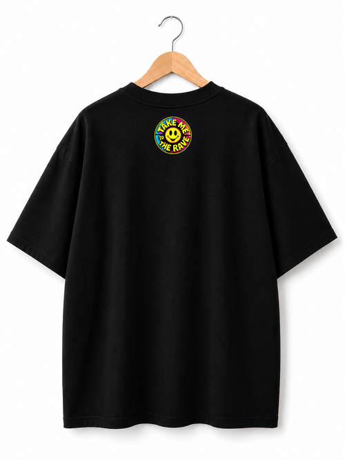 90s Rave Inspired Graphic T Shirt Black - Take Me To The Rave (OVERSIZED FRONT LOGO)