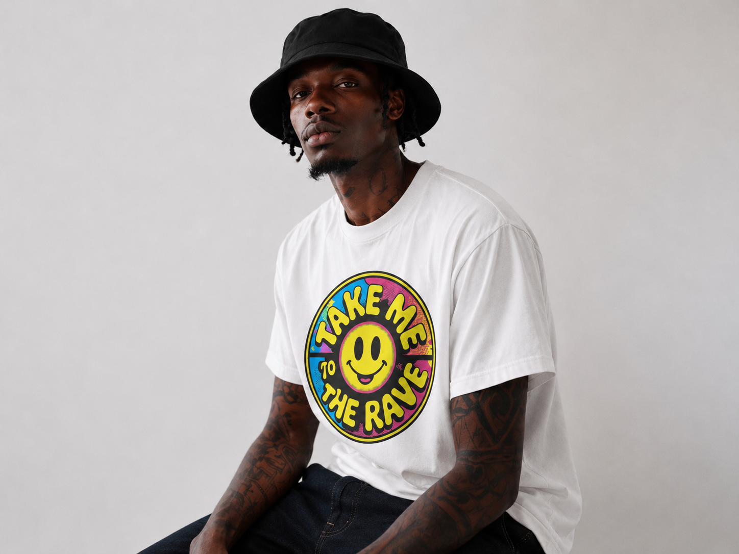 90s Rave Inspired Graphic T Shirt White - Take Me To The Rave (OVERSIZED FRONT LOGO)