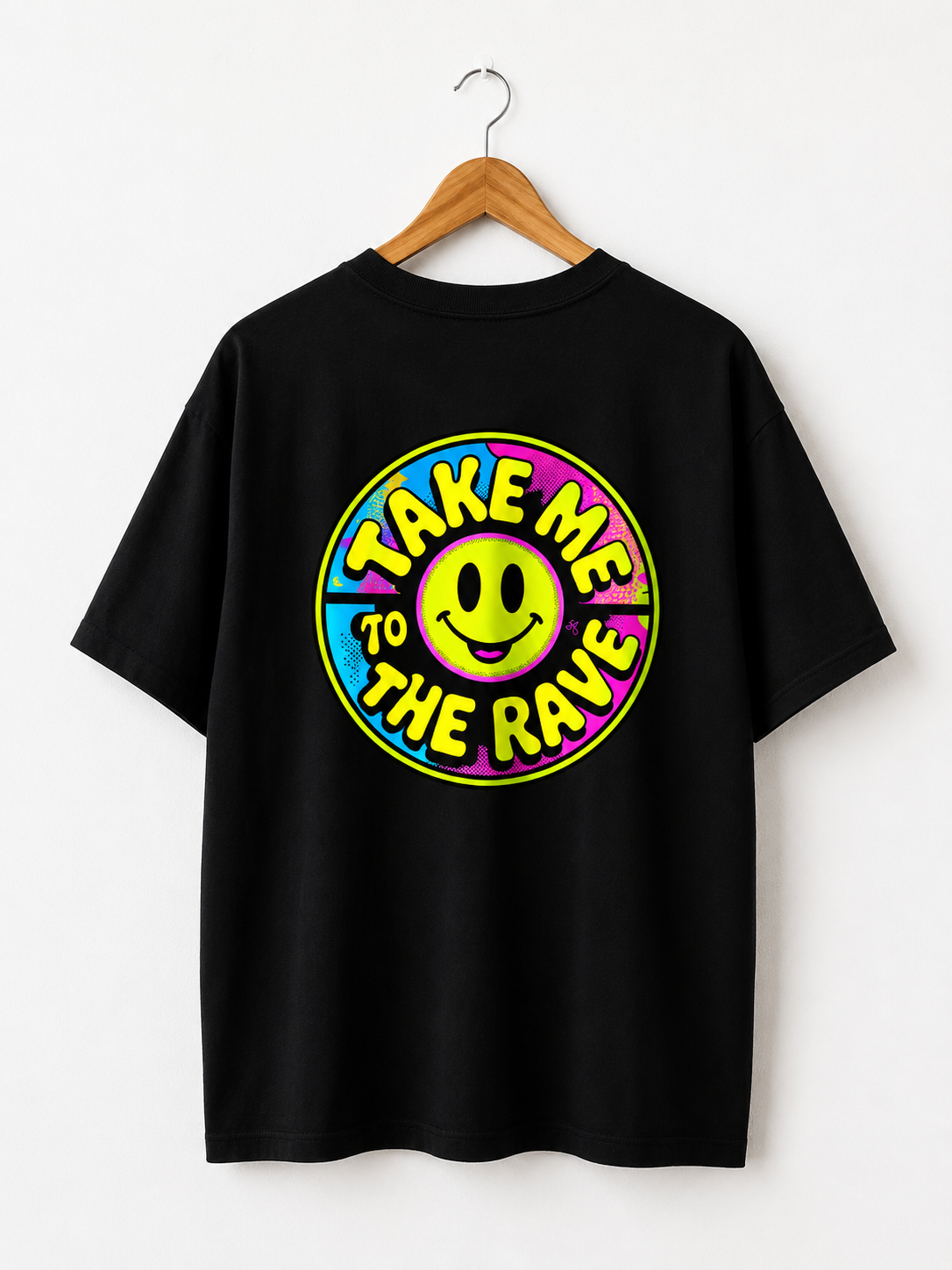 90s Rave Inspired Graphic T Shirt Black - Take Me To The Rave (OVERSIZED BACK LOGO)