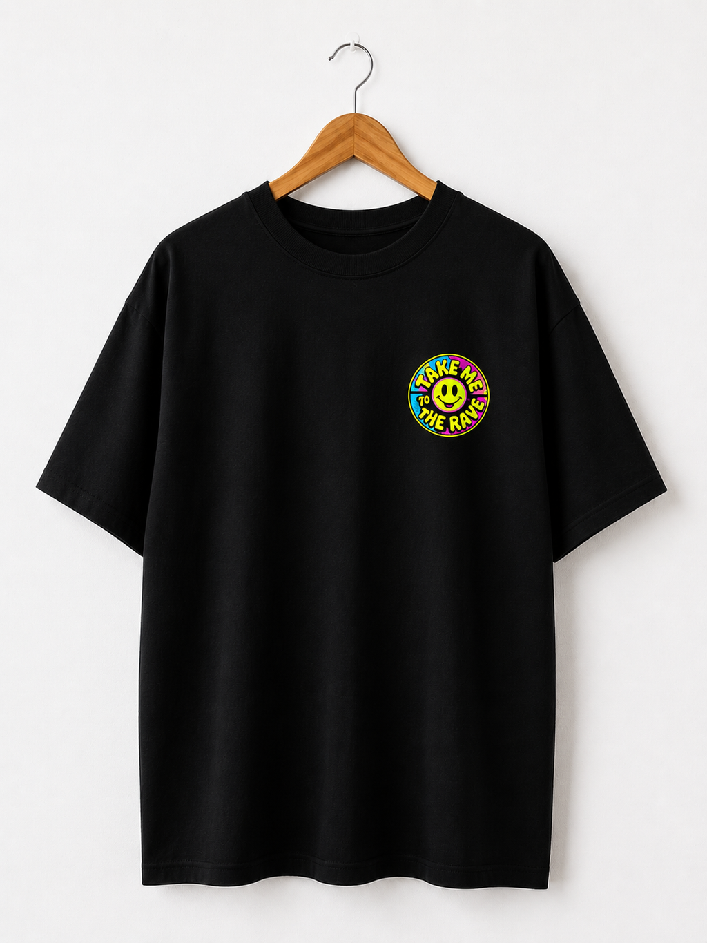 90s Rave Inspired Graphic T Shirt Black - Take Me To The Rave (OVERSIZED BACK LOGO)