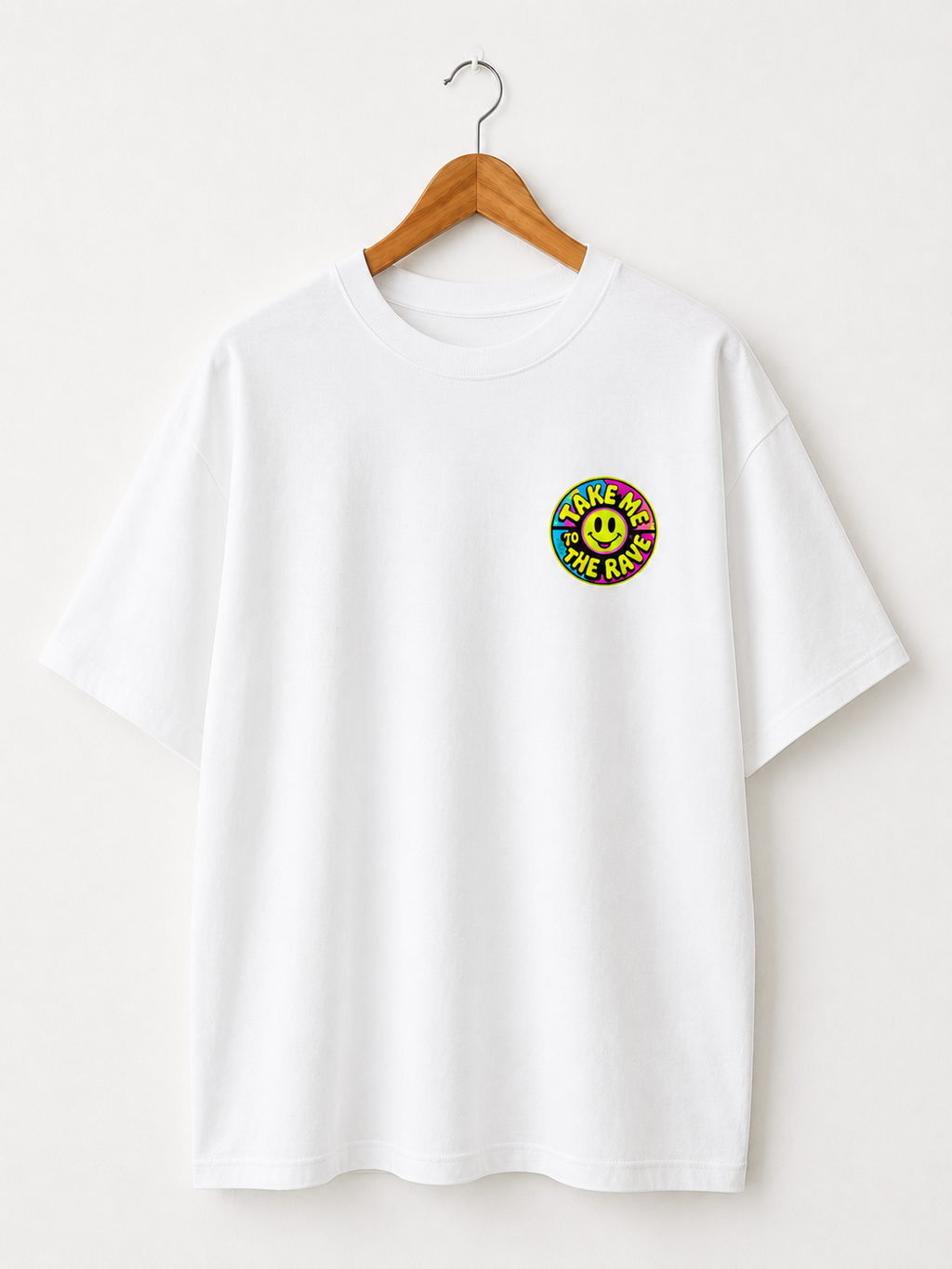 90s Rave Inspired Graphic T Shirt White - Take Me To The Rave (OVERSIZED BACK LOGO)
