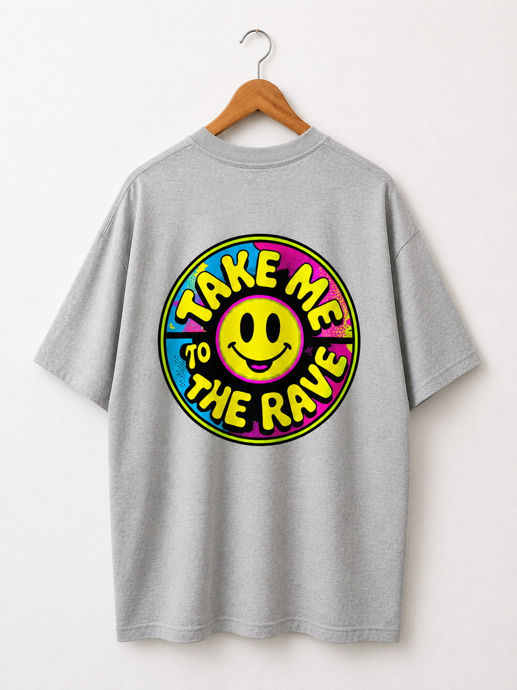 90s Rave Inspired Graphic T Shirt Grey - Take Me To The Rave (OVERSIZED BACK LOGO)