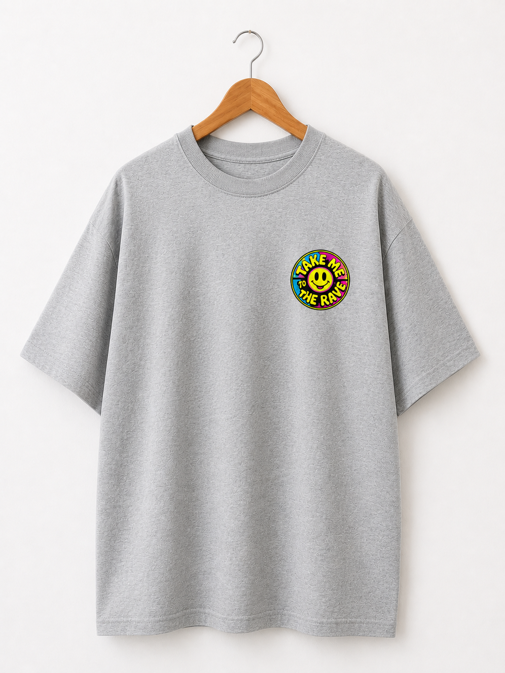 90s Rave Inspired Graphic T Shirt Grey - Take Me To The Rave (OVERSIZED BACK LOGO)