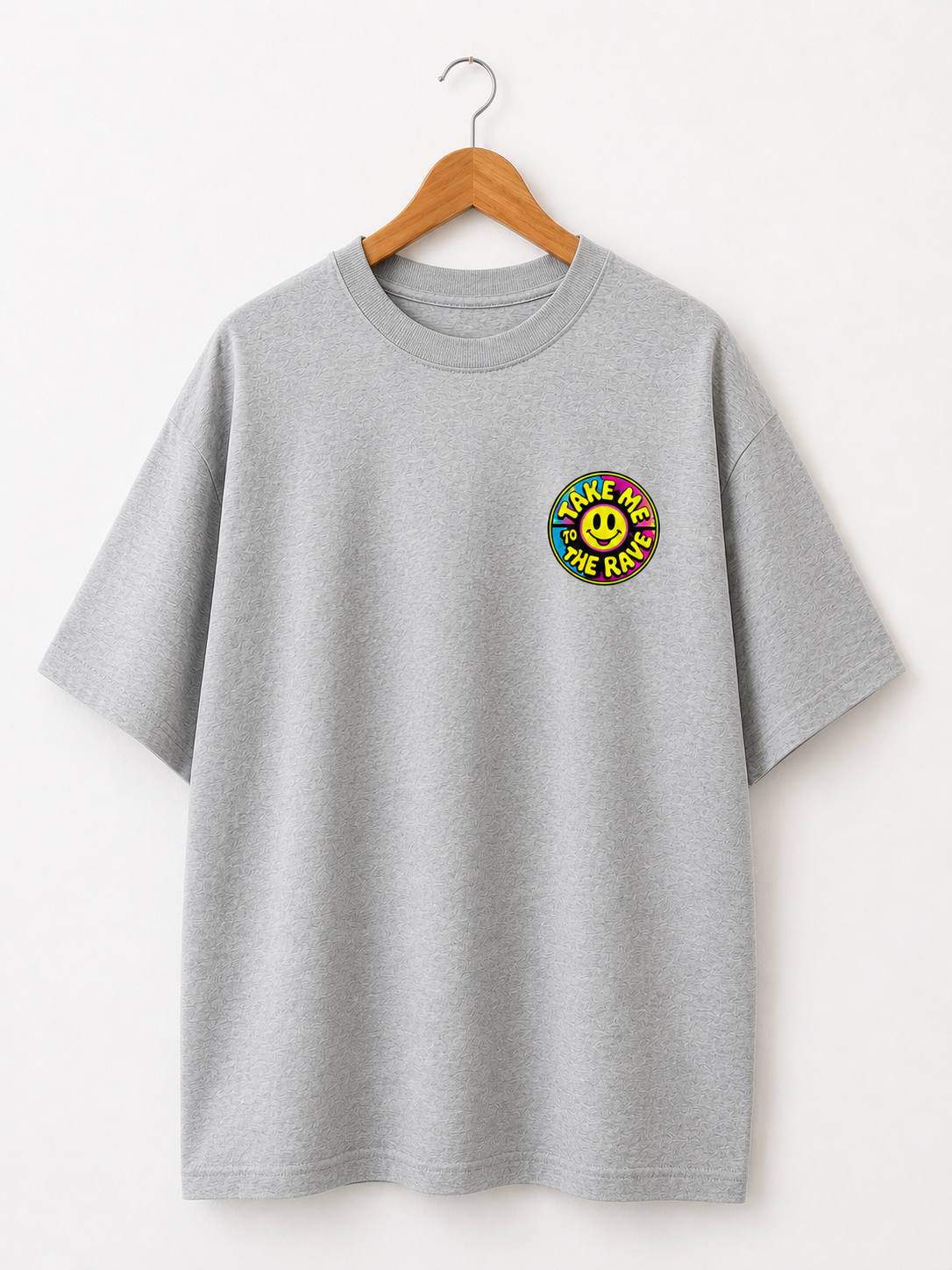 90s Rave Inspired Graphic T Shirt Grey - Take Me To The Rave (OVERSIZED BACK LOGO)