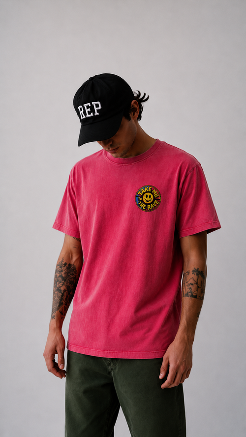 90s Rave Inspired Graphic T Shirt Pink - Take Me To The Rave (OVERSIZED BACK LOGO)