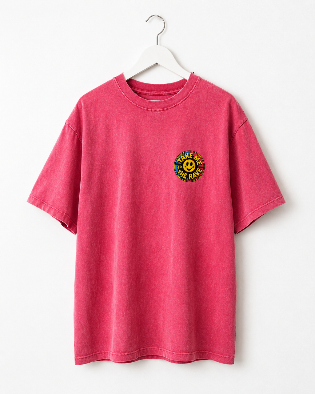 90s Rave Inspired Graphic T Shirt Pink - Take Me To The Rave (OVERSIZED BACK LOGO)