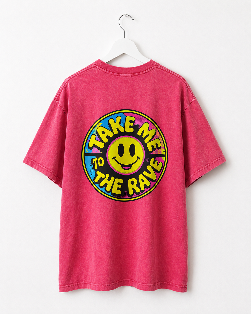 90s Rave Inspired Graphic T Shirt Pink - Take Me To The Rave (OVERSIZED BACK LOGO)