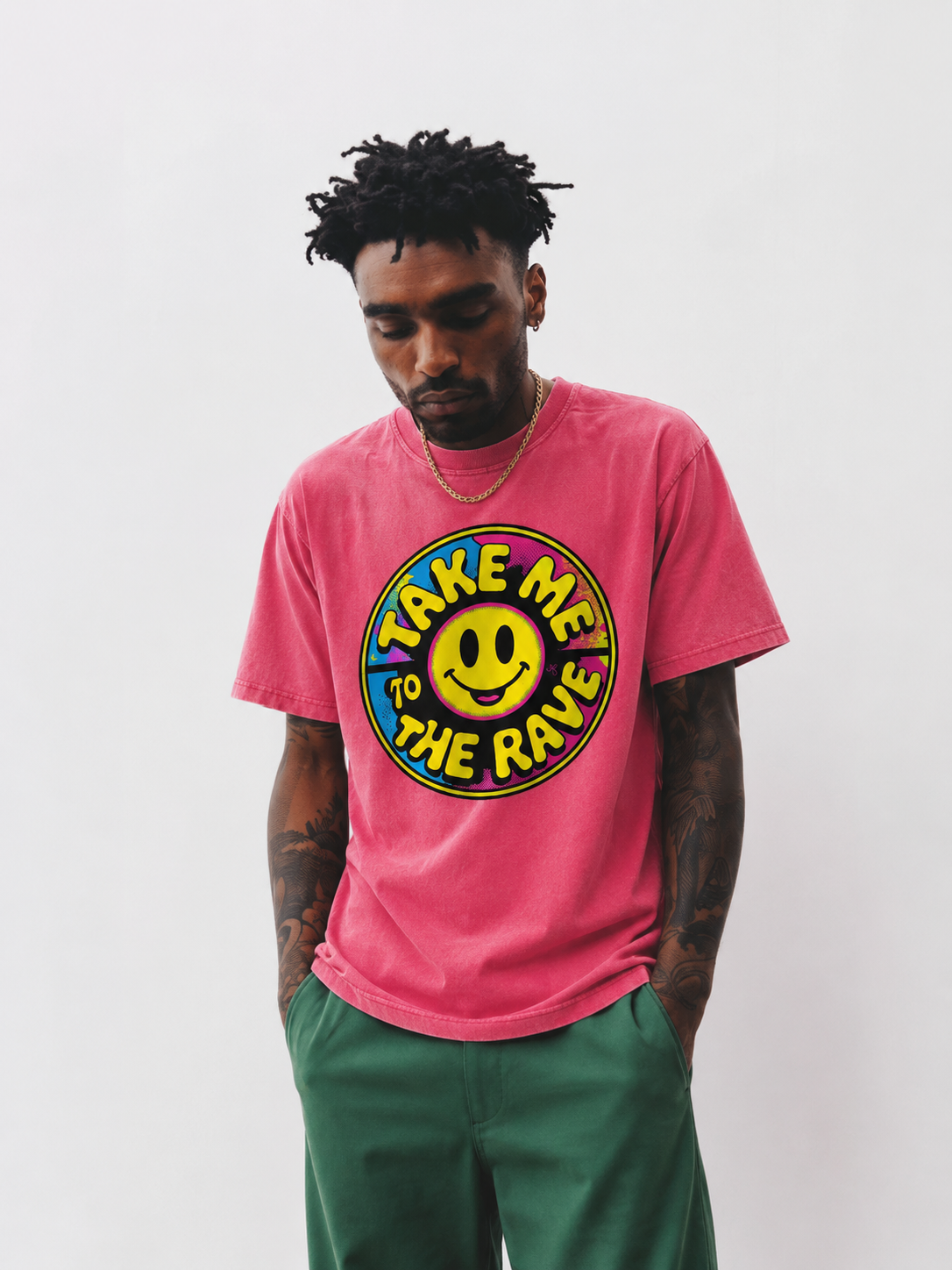 90s Rave Inspired Graphic T Shirt Pink - Take Me To The Rave (OVERSIZED FRONT LOGO)