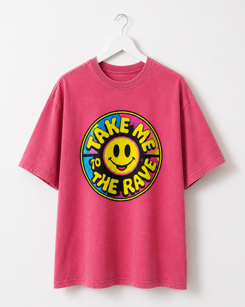 90s Rave Inspired Graphic T Shirt Pink - Take Me To The Rave (OVERSIZED FRONT LOGO)
