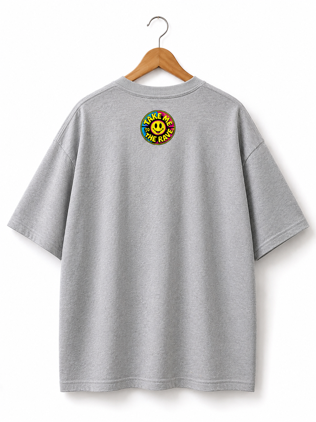 90s Rave Inspired Graphic T Shirt Grey - Take Me To The Rave (OVERSIZED FRONT LOGO)