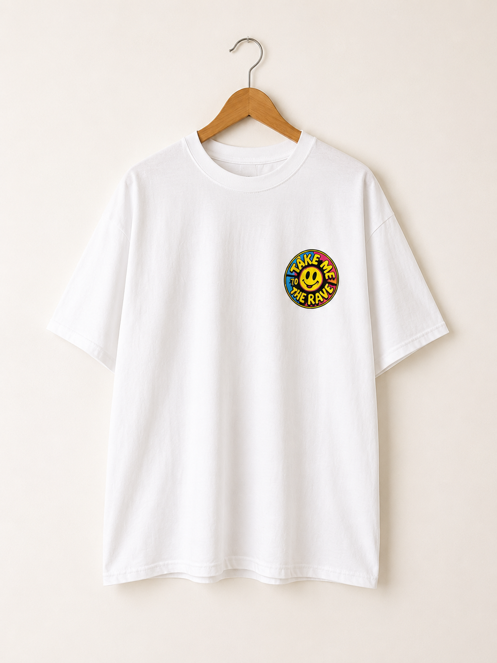 90s Rave Inspired Graphic T Shirt White - Take Me To The Rave (OVERSIZED BACK LOGO)