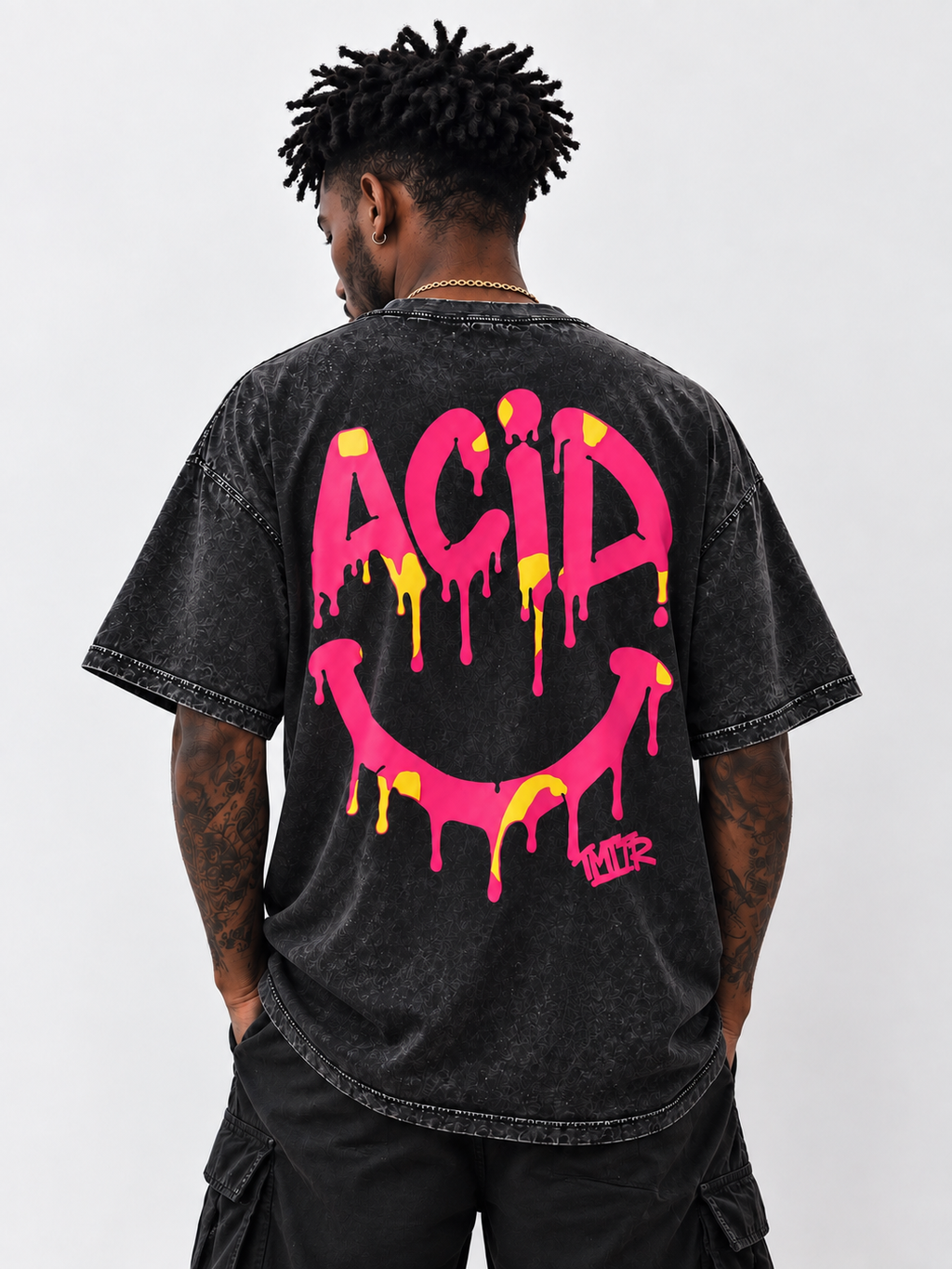 Hand-Printed Acid House Tee Acid wash black
