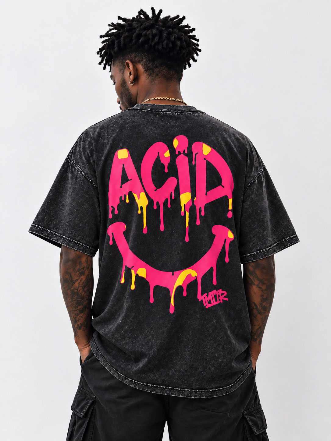Hand-Printed Acid House Tee Acid wash black